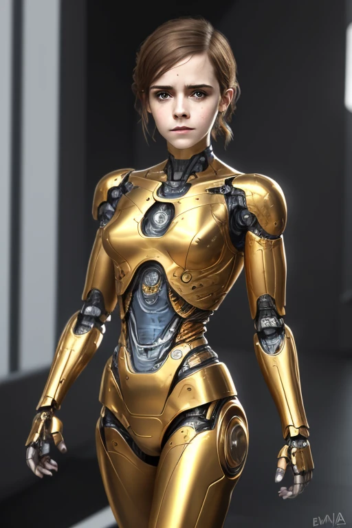 Emma Watson, (masterpiece, best quality), 1girl, solo, t-shirt, jeans, robot, metallic skin, cyborg