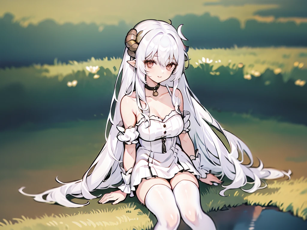 ((masterpiece)), ((bestquality)), (ultra-detailed), 1 girl, white hair, red eyes, W sitting, detailed face, smile, dragonian_head, dragonian_body, dragonian_hairstyle, dragonian_horns, dragonian_tail, white tail, white long dress, white tights, black choker, silver circlet, hammer on the ground, grassland, mountain, creek, clear line, in the middle of picture, beatiful nature background