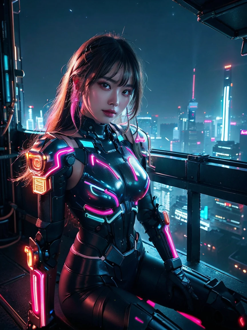 Realistic、Super Realistic、32k、Very detailed、masterpiece, highest quality, 1 girl, beautiful girl, beauty、Small breasts, Mecha, Beautiful lighting, (Neon Light:1.2), (night:1.5), Cyberpunk Costume、Sitting,Cyber Neon、Future City、Skyscraper、都会のnight、Shanghai