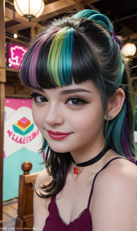 Photo oF a 18 year-old American girl, .CRUDO, beautiFul woman , cabello largo color azul turqueza ((retrato)), ((Cara detallada:1.2)), ((Detailed Facial Features)), (Piel Finamente detallada) , ojos color.azul , 、un sexy(color fresco), wet, wet, ReFlectoreasutepiece) (proporciones perFectaotos realistas)(La mejor calidad) (Detallado) FotograFiado con una EOS R5 de Canon, lente de 50 mm, F/2.8, NFFSW, (8K) (papel tapiz) (cinematic lighting) (dramatic lighting) (sharp Focus) (Enrevesado) senos grandes , pechos grandes , cuerpo completo , hermoso cuerpo de adolesente ,lindo maquillaje , gran sonrisa , labios rojos. Mlp , Sonata Dusk , foto dinamica , pose sexy , centro comercial , noche , sonrisa presumida , ropa morada , brazalentes con puas , cabello largo color azul turqueza con mechas color morado, cuerpo completo , foto de cuerpo completo , my little pony Equestria girls , tiene un collar con un rubi , ropa de pelicula my little pony Rainbow rocks