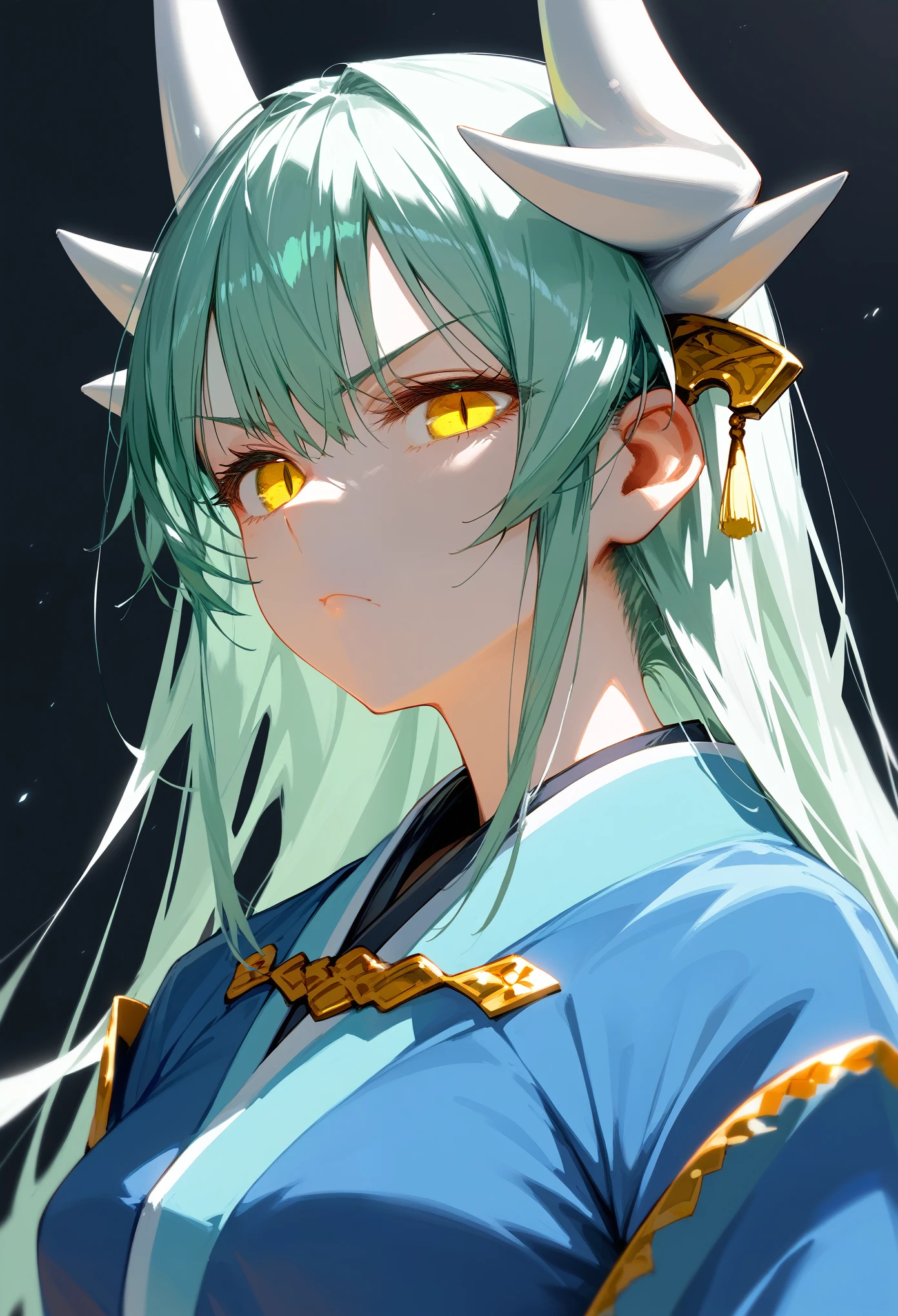 score_9, score_8_up, score_7_up, close-up, portrait, 1girl, solo, kiyober1st, green hair, long hair, yellow eyes, slit pupils, horns, white horns, medium breasts, hair ornament, blue kimono, wide sleeves, standing, hand on hip, looking at viewer, neutral, serious, black background, simple background, best quality