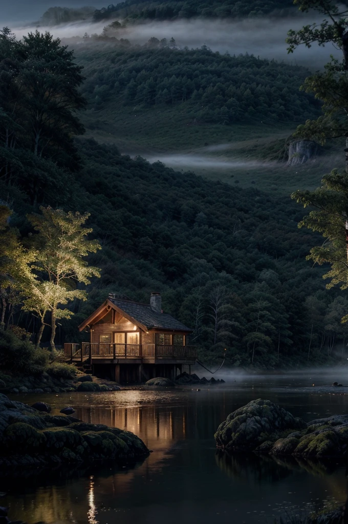 Create a tranquil lakeside cabin scene in a dense misty forest. The mood should be one of mystery and calm, with the cabin's lights softly glowing through the mist
