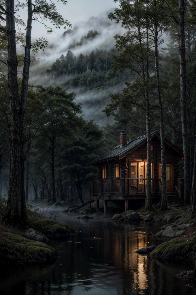 Create a tranquil lakeside cabin scene in a dense misty forest. The mood should be one of mystery and calm, with the cabin's lights softly glowing through the mist