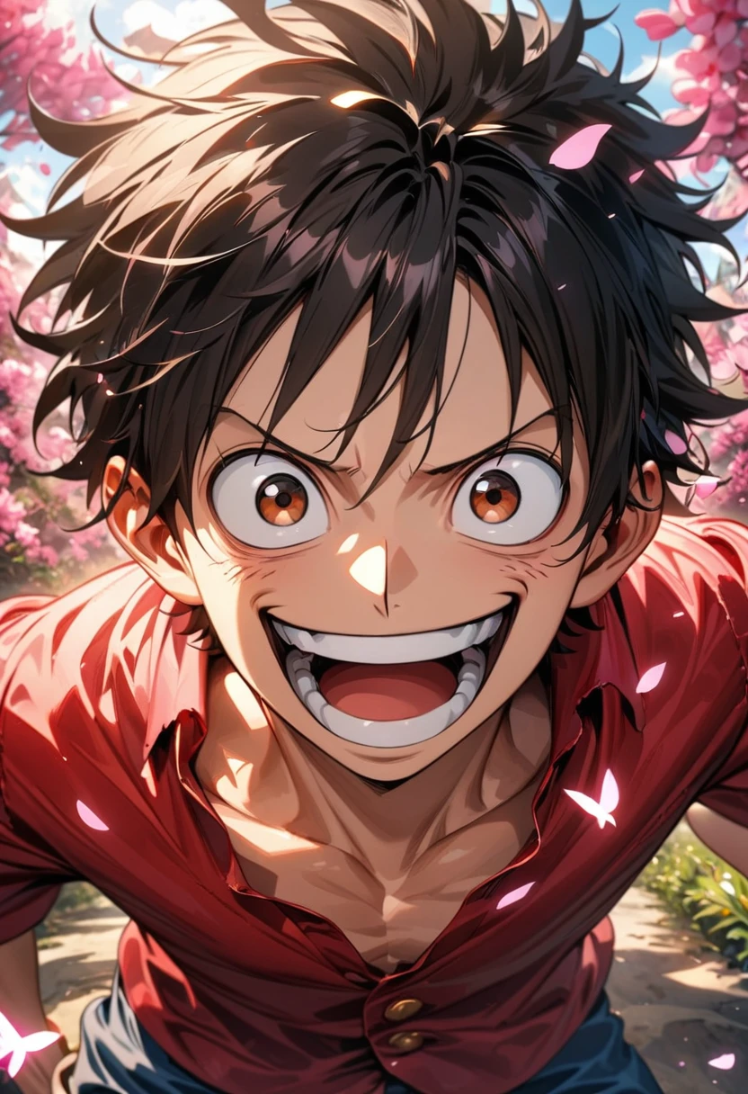 absurdres, highres, ultra detailed, HDR, masterpiece, extremely detailed face and eyes, Monkey D Luffy, black hair, expressive brown eyes, One Piece, solo, man, handsome, happy, red shirt, handsome, pink butterflies, pink petals, pink flowers