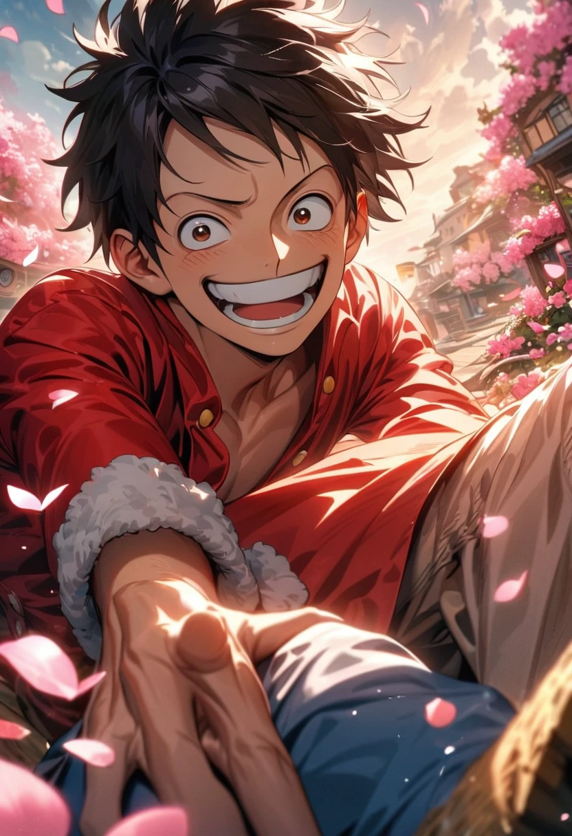 absurdres, highres, ultra detailed, HDR, masterpiece, extremely detailed face and eyes, Monkey D Luffy, black hair, expressive brown eyes, One Piece, solo, man, handsome, happy, red shirt, handsome, pink butterflies, pink petals, pink flowers