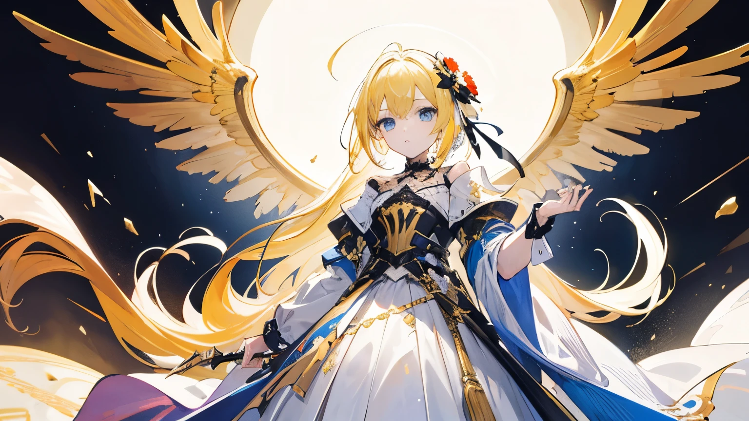 (highest quality)), ((masterpiece)), (detailed),Zinnia (Flower Knight), knight's clothes, gold and black decorations, light blue eyes, long golden hair, lots of floating muskets, long yellow hair, ,The left and right wings are different colors