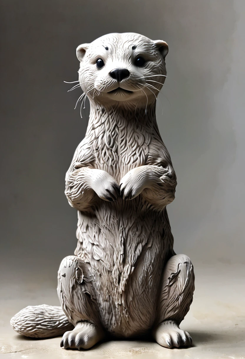 (best quality:1.2),ultra-light Clay, Clay, Pottery, Rough knitted texture, distressed, dirty, mineral pigments, 3D Clay sculpture art, Clay sculpture, Rough surface, (artwork，An Otter，concept art,)