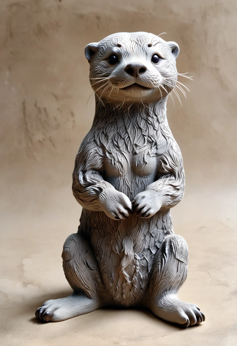 (best quality:1.2),ultra-light Clay, Clay, Pottery, Rough knitted texture, distressed, dirty, mineral pigments, 3D Clay sculpture art, Clay sculpture, Rough surface, (artwork，An Otter，concept art,)