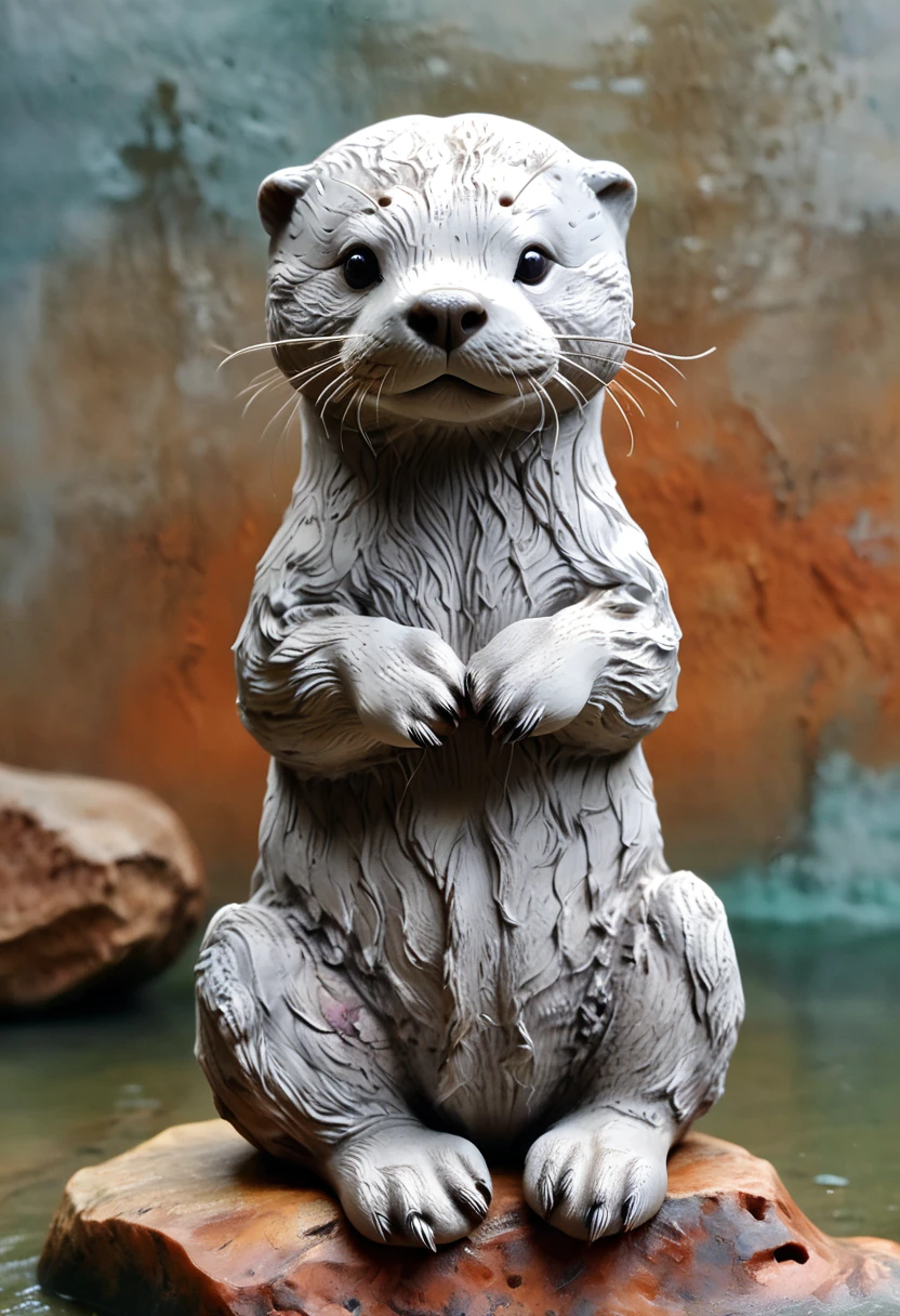 (best quality:1.2),ultra-light Clay, Clay, Pottery, Rough knitted texture, distressed, dirty, mineral pigments, 3D Clay sculpture art, Clay sculpture, Rough surface, (artwork，An Otter，concept art,)