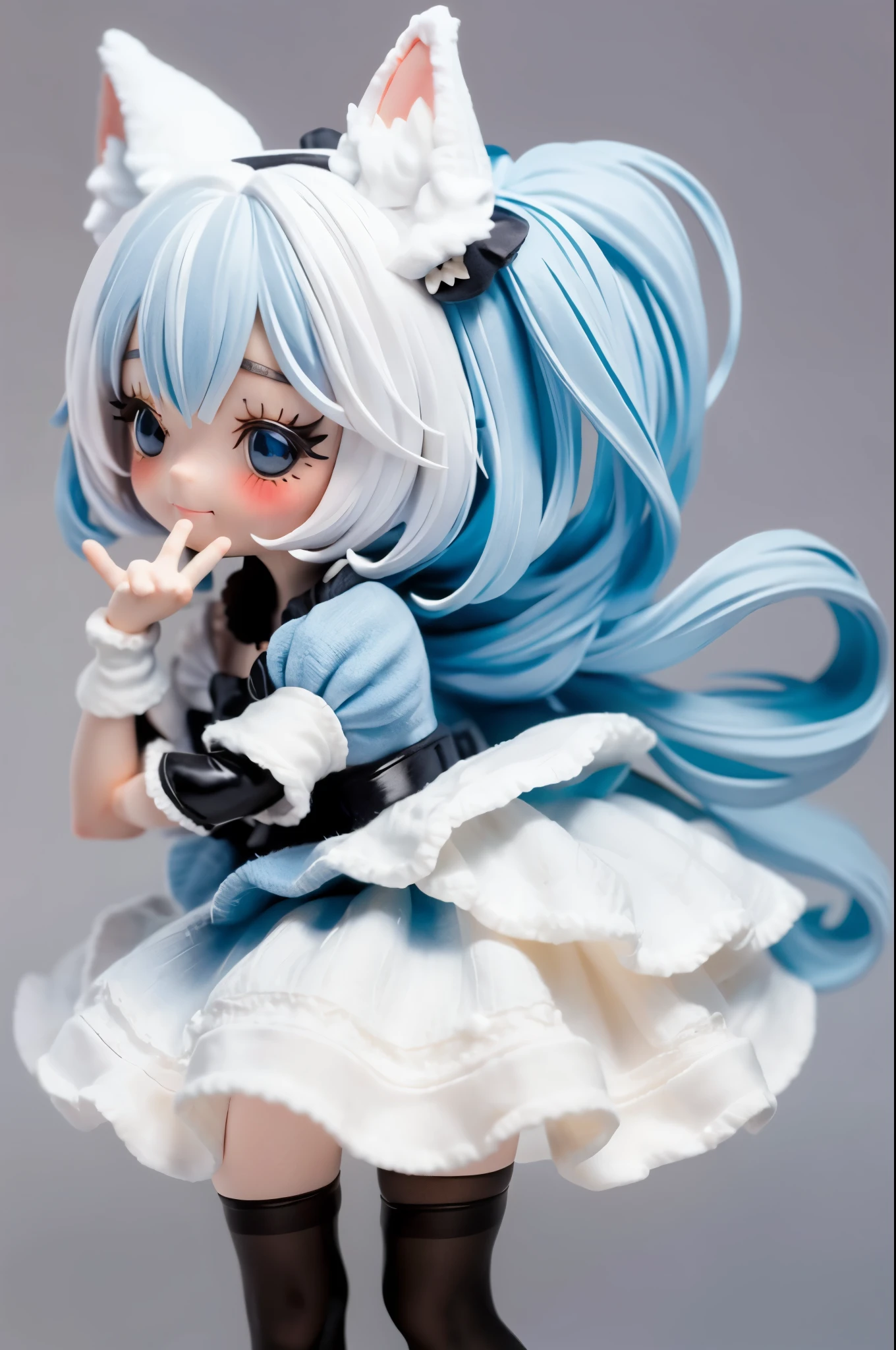 A girl with striking white hair、Fox ears and tail、Cosplay、Baby Face、Cute dynamic pose、hair ornaments、Black Pantyhose、No sleeve、smile、Background is blue
