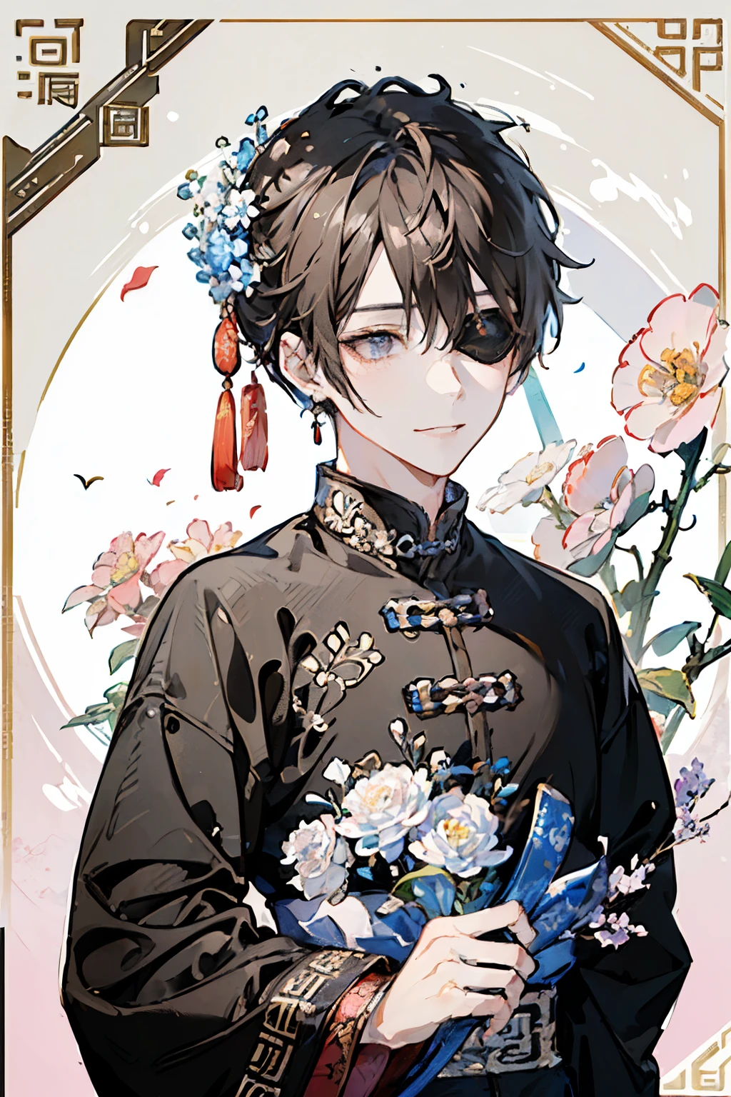 (old male:1.45)、(masterpiece、highest quality、highest quality、Beautiful and beautiful:1.2)、(Good anatomy:1.5)、Painting of a male with milky brown straight hair、Shy smile、Sparkling Eyes、looking at the camera、Emerging from among the flowers and leaves、Suzuran、(sunny days:1.45)、(pink、black、lightbrown:1.2)、(Chinese Emperor:1.5)、(Blindfold)、Close-up of face