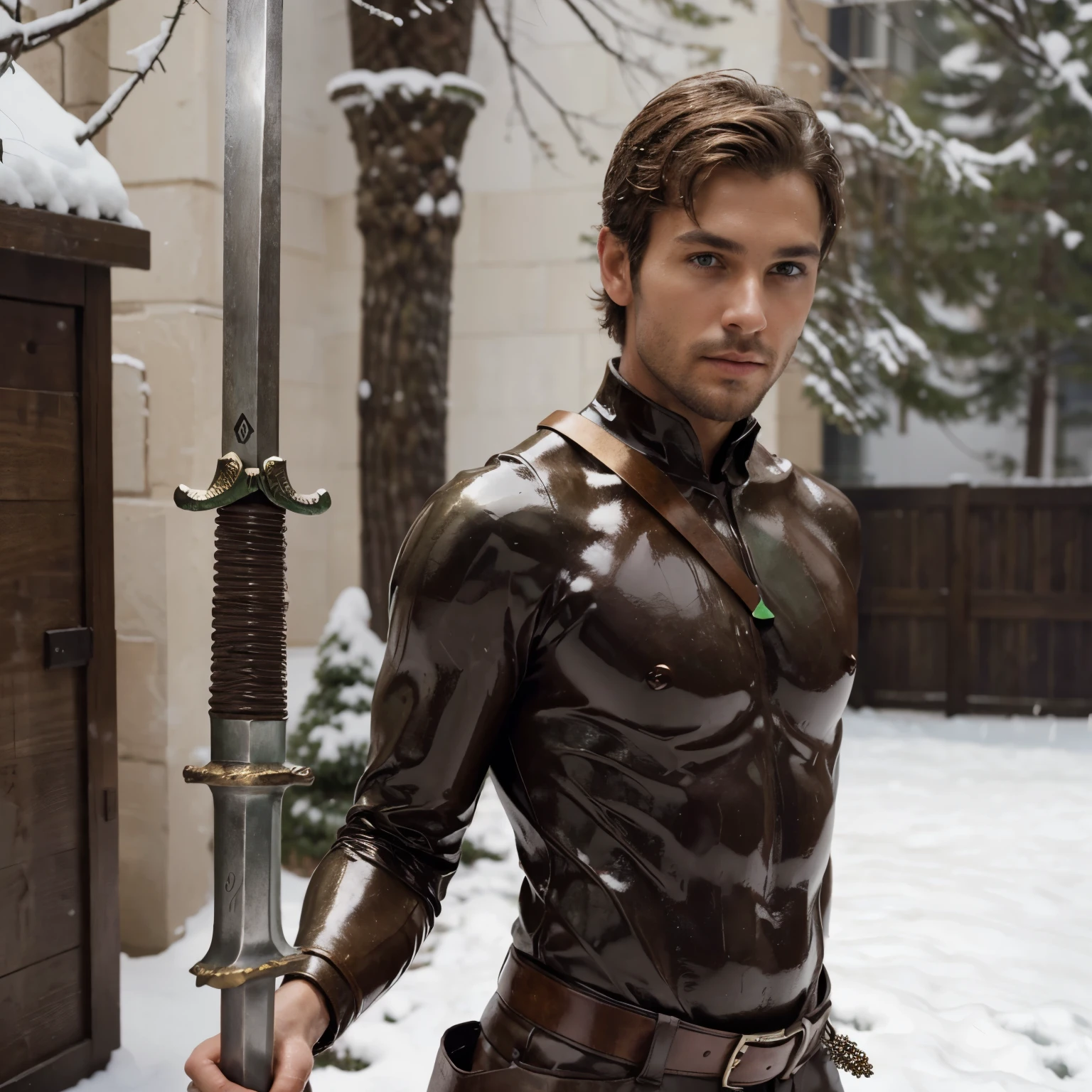 Photo of a handsome bronze man with green eyes, luscious lips, a thin nose and short, slightly light hair, a short beard and a sword-shaped, well-defined body in lgbt shorts in the snow