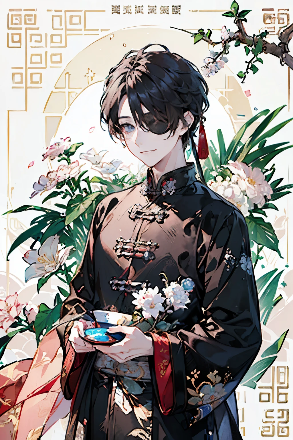 (old male:1.45)、(masterpiece、highest quality、highest quality、Beautiful and beautiful:1.2)、(Good anatomy:1.5)、Painting of a male with milky brown straight hair、Shy smile、Sparkling Eyes、looking at the camera、Emerging from among the flowers and leaves、Suzuran、(sunny days:1.45)、(pink、black、lightbrown:1.2)、(Chinese Emperor:1.5)、(Blindfold)、Close-up of face