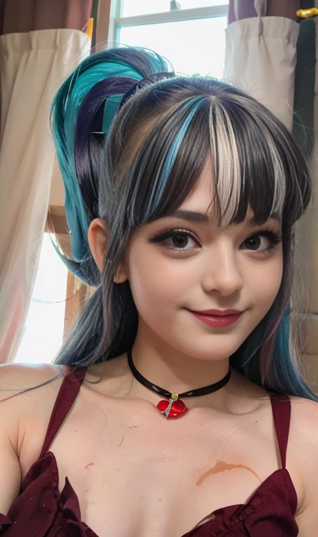 Photo oF a 18 year-old American girl, .CRUDO, beautiFul woman  , cabello largo color azul turqueza ((retrato)), ((Cara detallada:1.2)), ((Detailed Facial Features)), (Piel Finamente detallada) , ojos color.azul , 、un sexy(color fresco), wet, wet, ReFlectoreasutepiece) (proporciones perFectaotos realistas)(La mejor calidad) (Detallado) FotograFiado con una EOS R5 de Canon, lente de 50 mm, F/2.8, NFFSW, (8K) (papel tapiz) (cinematic lighting) (dramatic lighting) (sharp Focus) (Enrevesado) senos grandes , pechos grandes , cuerpo completo , hermoso cuerpo de adolesente  ,lindo maquillaje , gran sonrisa , labios rojos. Mlp , Sonata Dusk  , foto dinamica , pose sexy , centro comercial , noche , sonrisa presumida , ropa morada , brazalentes con puas , cabello largo color azul turqueza con mechas color morado, cuerpo completo , foto de cuerpo completo , my little pony Equestria girls , tiene un collar con un rubi , ropa de pelicula my little pony Rainbow rocks