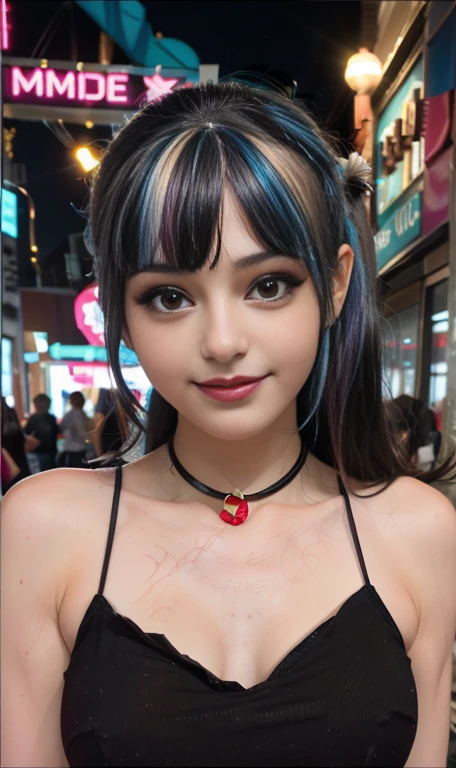 Photo oF a 18 year-old American girl, .CRUDO, beautiFul woman  , cabello largo color azul turqueza ((retrato)), ((Cara detallada:1.2)), ((Detailed Facial Features)), (Piel Finamente detallada) , ojos color.azul , 、un sexy(color fresco), wet, wet, ReFlectoreasutepiece) (proporciones perFectaotos realistas)(La mejor calidad) (Detallado) FotograFiado con una EOS R5 de Canon, lente de 50 mm, F/2.8, NFFSW, (8K) (papel tapiz) (cinematic lighting) (dramatic lighting) (sharp Focus) (Enrevesado) senos grandes , pechos grandes , cuerpo completo , hermoso cuerpo de adolesente  ,lindo maquillaje , gran sonrisa , labios rojos. Mlp , Sonata Dusk  , foto dinamica , pose sexy , centro comercial , noche , sonrisa presumida , ropa morada , brazalentes con puas , cabello largo color azul turqueza con mechas color morado, cuerpo completo , foto de cuerpo completo , my little pony Equestria girls , tiene un collar con un rubi , ropa de pelicula my little pony Rainbow rocks