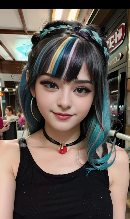 Photo oF a 18 year-old American girl, .CRUDO, beautiFul woman  , cabello largo color azul turqueza ((retrato)), ((Cara detallada:1.2)), ((Detailed Facial Features)), (Piel Finamente detallada) , ojos color.azul , 、un sexy(color fresco), wet, wet, ReFlectoreasutepiece) (proporciones perFectaotos realistas)(La mejor calidad) (Detallado) FotograFiado con una EOS R5 de Canon, lente de 50 mm, F/2.8, NFFSW, (8K) (papel tapiz) (cinematic lighting) (dramatic lighting) (sharp Focus) (Enrevesado) senos grandes , pechos grandes , cuerpo completo , hermoso cuerpo de adolesente  ,lindo maquillaje , gran sonrisa , labios rojos. Mlp , Sonata Dusk  , foto dinamica , pose sexy , centro comercial , noche , sonrisa presumida , ropa morada , brazalentes con puas , cabello largo color azul turqueza con mechas color morado, cuerpo completo , foto de cuerpo completo , my little pony Equestria girls , tiene un collar con un rubi , ropa de pelicula my little pony Rainbow rocks