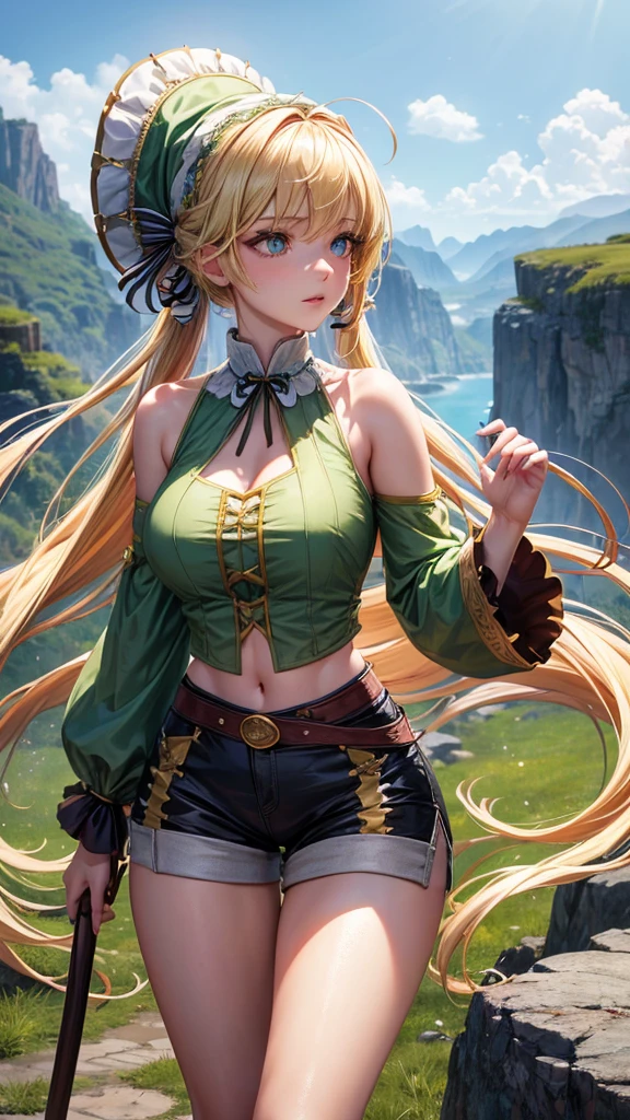 (best quality, highres, ultra-detailed, photorealistic), slender woman with long, flowing blonde hair, vibrant green eyes, and pigtails tied with ribbons. She is wearing a large witch hat atop her head. Her outfit consists of an anime crop top shirt and booty shorts. The background showcases a picturesque landscape with a playful, vibrant color palette. The lighting is soft and warm, casting a gentle glow on the woman's face and highlighting the intricate details of her clothing and accessories.