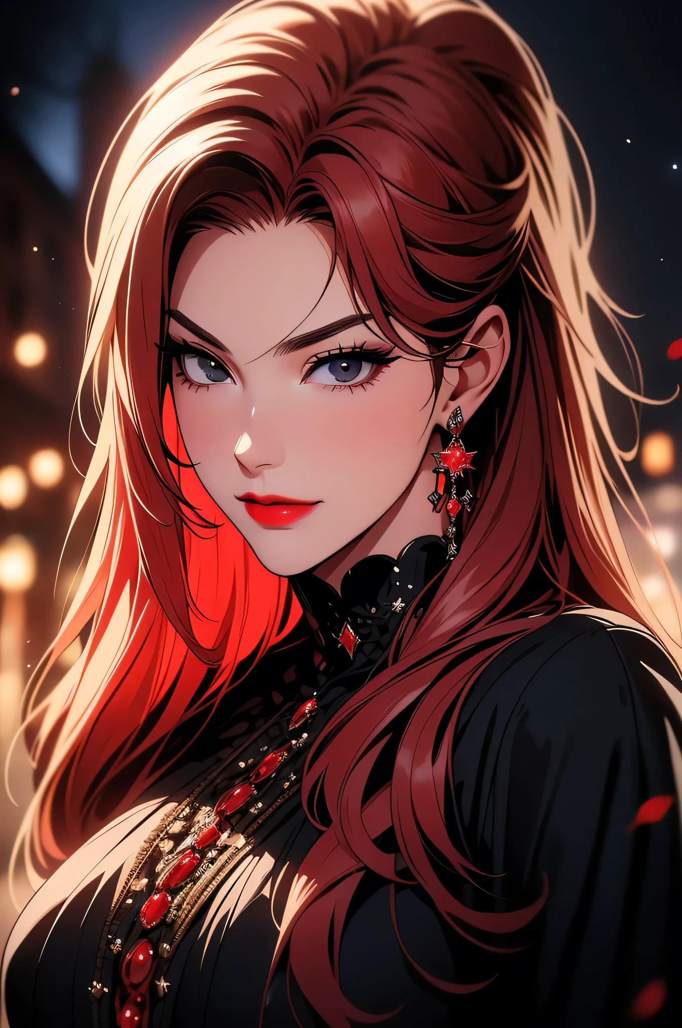 (Masterpiece - Ultra-Detailed, High Resolution) ((vivid red hair)), mature woman, 30 years old, diamond face, red starry sky background, depth of field, magic, big red lips, ((dark and black eyes)) black and red long and full dress, covered chest, mystical atmosphere, ominous shadows, Intense blue aura, Intense red aura (best quality:1.2), absurdres, intricate details, (highly detailed skin:1.2), smile expression, posing, taut and well defined body, attractive. Highly realistic, white skin, beautiful, hyperrealism, skin very elaborated, direct gaze
