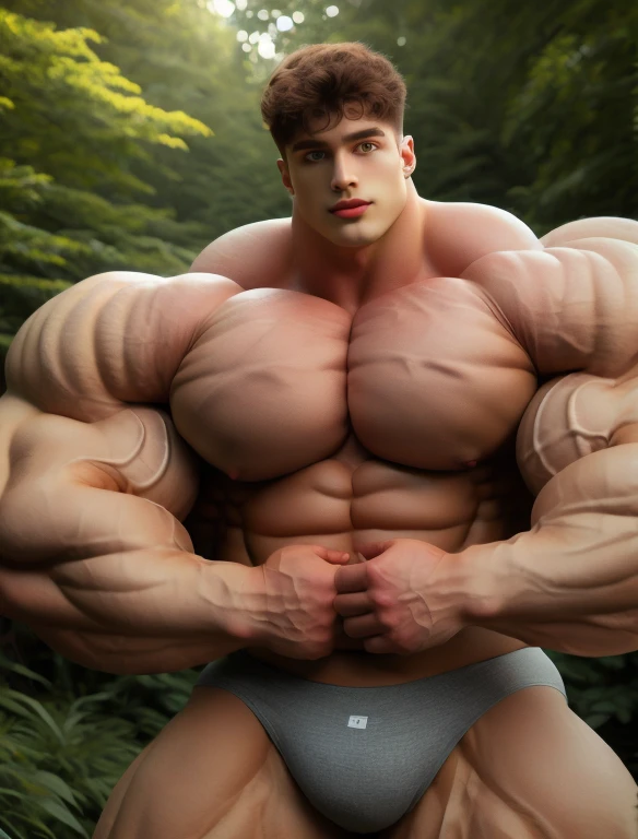 1 boy, giant, model shoot style, looking at viewer, standing, illuminating light, outdoor, strong body, bulk, large size, standing, sunmer, in the forest, white triangular underwear, prominent bulge, big, brutalmass, giant, muscular body, bulk, massive body, squishy, large meaty body size