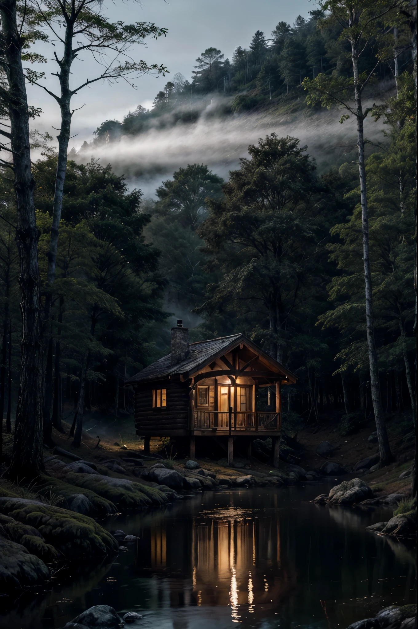 Create a tranquil lakeside cabin scene in a dense misty forest. The mood should be one of mystery and calm, with the cabin's lights softly glowing through the mist