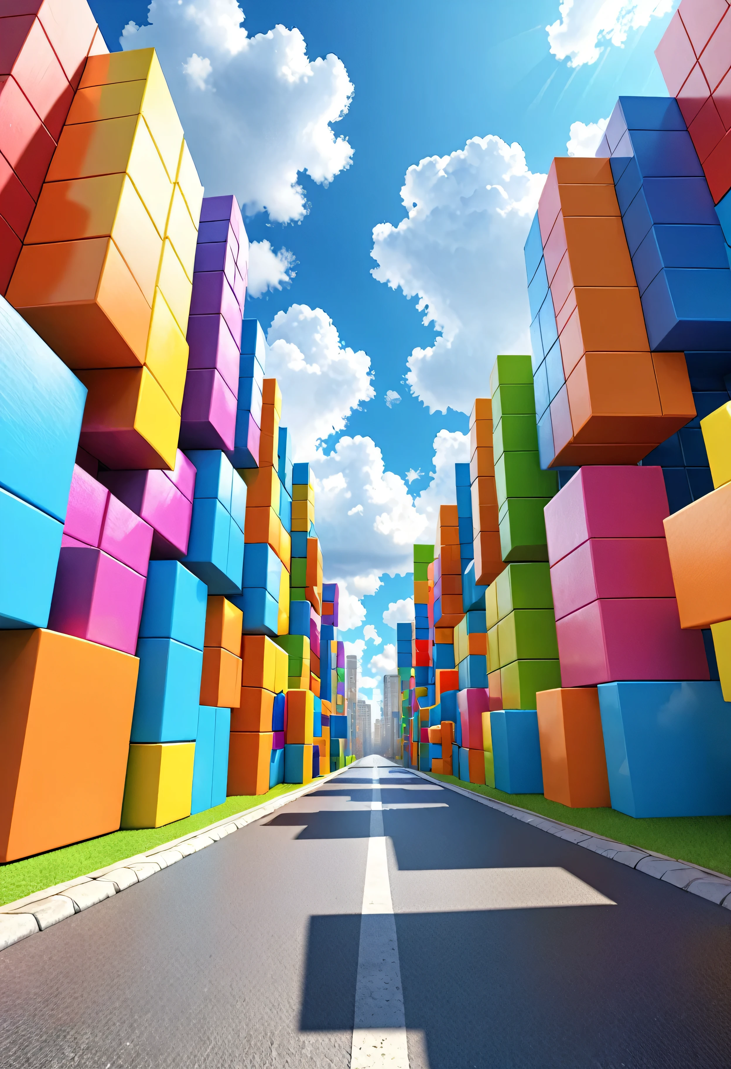 3d Tetris background, street in perspective with clouds in the sky and building along the street