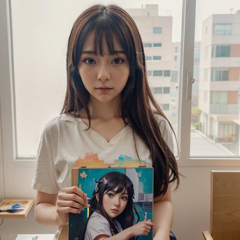 anime girl name "hinata" with a brush and a painting board in front of a window, painted in anime painter studio, realistic cute girl painting, beautiful anime portrait, anime. soft lighting, detailed painting 4 k, anime realism style, realistic anime artstyle, artwork in the style of guweiz, realistic anime art style, made with anime painter studio, portrait anime girl