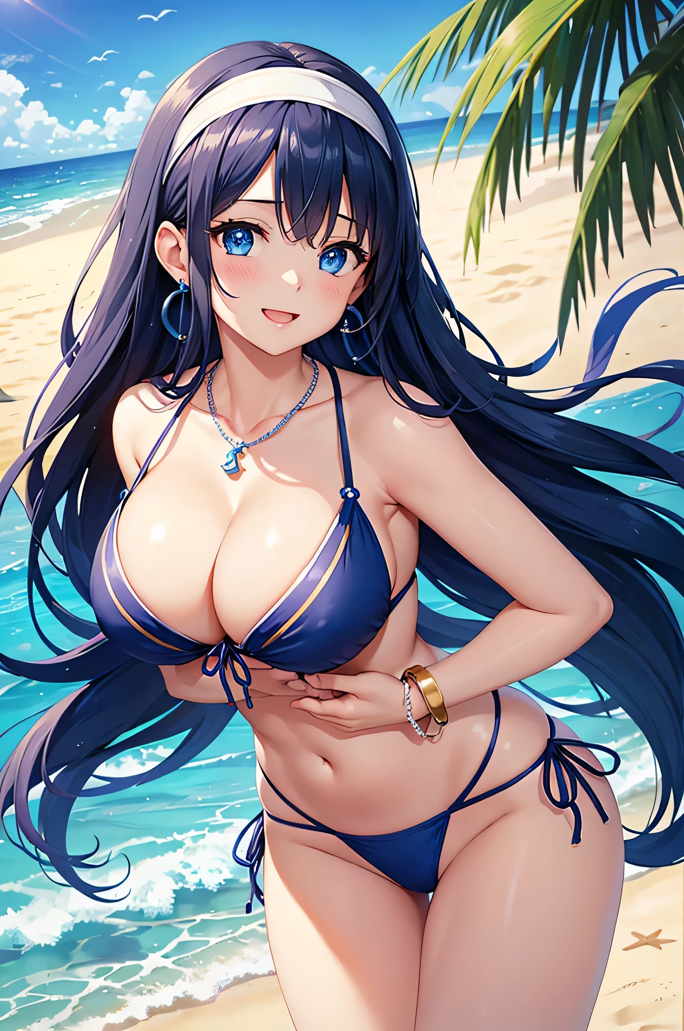 highest quality、Best image quality、masterpiece、beautiful girl、Navy blue long hair、blue eyes、Navy Blue Bikini、Big cleavage、(Big Breasts)、smile、blue necklace、Blue Earrings、background(Beach)、Sexy pose、Please open your mouth wide、White headband、Dynamic Angle、bracelet
