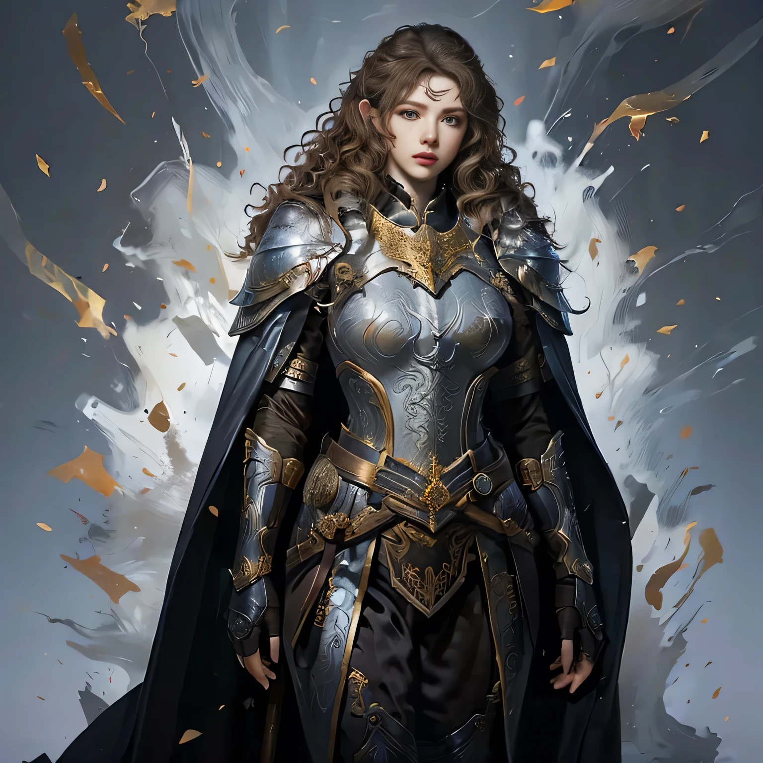 Busty brunette, knight in intricate armor, masterpiece, best quality, realistic, hyperrealistic, 16k hdr, photorealistic, cinematic, medieval scene, knight's throne view, 25yo, voluptuous woman,(brown hair, cascading curls:1.3),brown leather armor,enhanced breasts,from front,seated,chest focus,chainmail, gloved hands resting on sword, dramatic lighting, knightly background, knight's portrait view, high resolution, ultra-detailed, ultra-sharp, chivalric atmosphere, 1 girl, full body armor, brown eyes, detailed