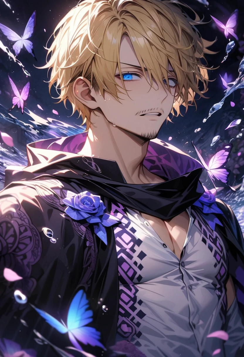 Ultra detailed, HDR, Highres, absurdres, master piece, Sanji, blond hair, expressive blue eyes, black cape with patterns, One Piece, purple glittering butterflies, purple ice, petals, purple ice roses, sexy man, solo, extremely detailed face and eyes, handsome, glittering, water, white tight shirt, toned chest,