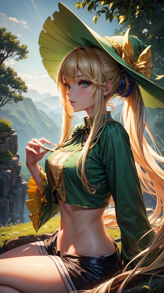 (best quality, highres, ultra-detailed, photorealistic), slender woman with long, flowing blonde hair, vibrant green eyes, and pigtails tied with ribbons. She is wearing a large witch hat atop her head. Her outfit consists of an anime crop top shirt and booty shorts. The background showcases a picturesque landscape with a playful, vibrant color palette. The lighting is soft and warm, casting a gentle glow on the woman's face and highlighting the intricate details of her clothing and accessories. sitting on the ground