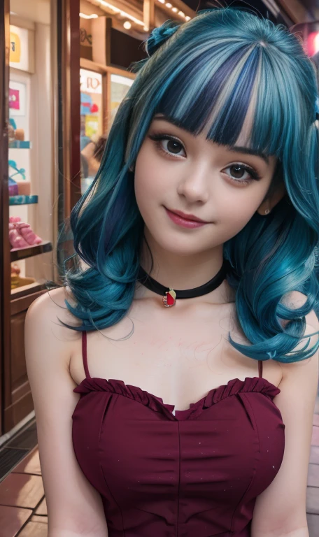 Photo oF a 18 year-old American girl, .CRUDO, beautiFul woman , cabello largo color azul turqueza ((retrato)), ((Cara detallada:1.2)), ((Detailed Facial Features)), (Piel Finamente detallada) , ojos color.azul , 、un sexy(color fresco), wet, wet, ReFlectoreasutepiece) (proporciones perFectaotos realistas)(La mejor calidad) (Detallado) FotograFiado con una EOS R5 de Canon, lente de 50 mm, F/2.8, NFFSW, (8K) (papel tapiz) (cinematic lighting) (dramatic lighting) (sharp Focus) (Enrevesado) senos grandes , pechos grandes , cuerpo completo , hermoso cuerpo de adolesente ,lindo maquillaje , gran sonrisa , labios rojos. Mlp , Sonata Dusk , foto dinamica , pose sexy , centro comercial , noche , sonrisa presumida , ropa morada , brazalentes con puas , cabello largo color azul turqueza con mechas color morado, cuerpo completo , foto de cuerpo completo , my little pony Equestria girls , tiene un collar con un rubi , ropa de pelicula my little pony Rainbow rocks