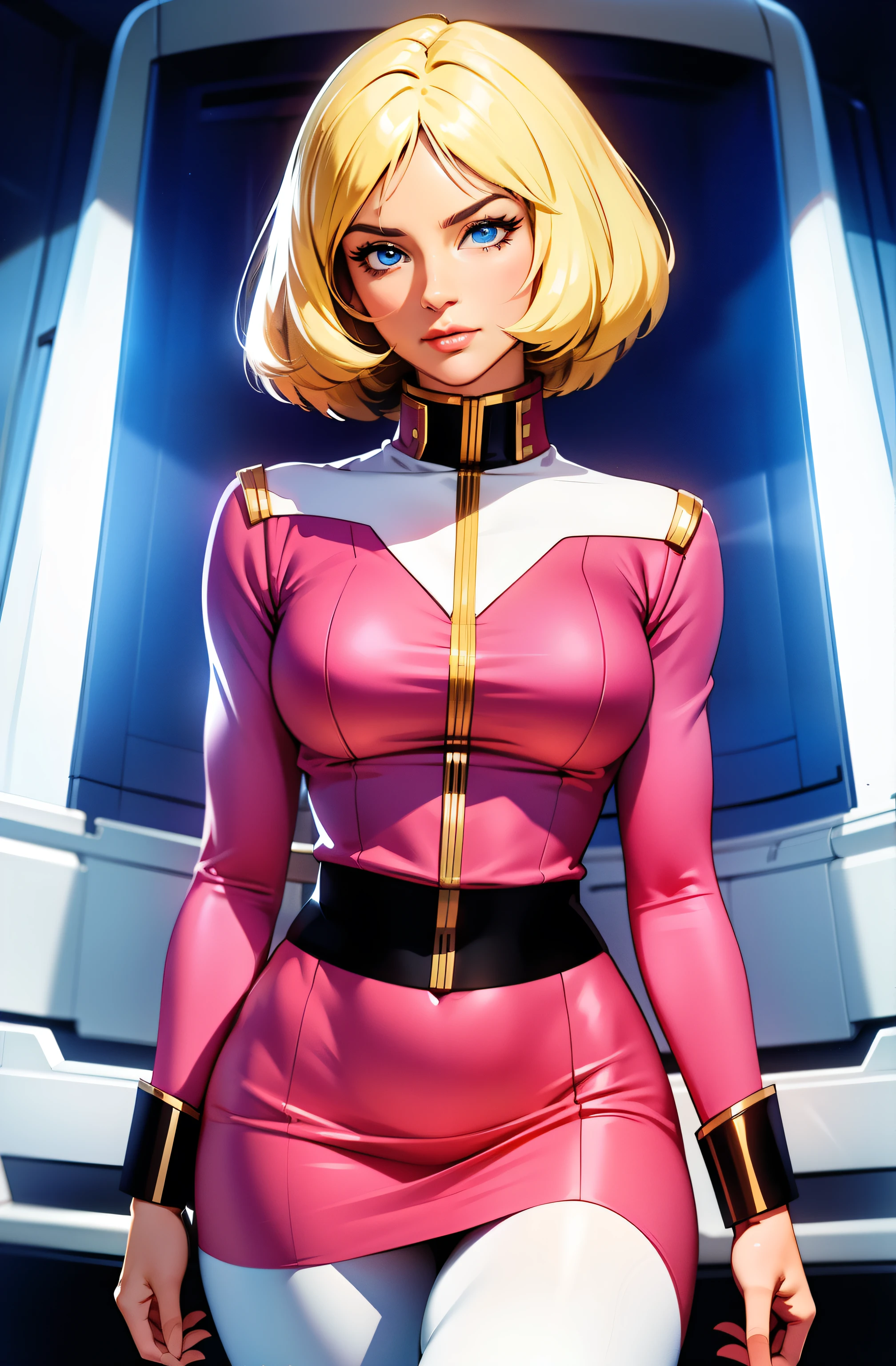 ((masterpiece)), ((cinematic lighting)), realistic photo、Real Images、Top image quality、1girl in, sayla mass, Elegant, masterpiece, Convoluted, slim arms, wide hips, thick thighs, thigh gaps, Best Quality, absurderes, high face detail, Perfect eyes, mature, Cowboy Shot, , Vibrant colors, soft pink uniform, soft pink Skirt, white tights