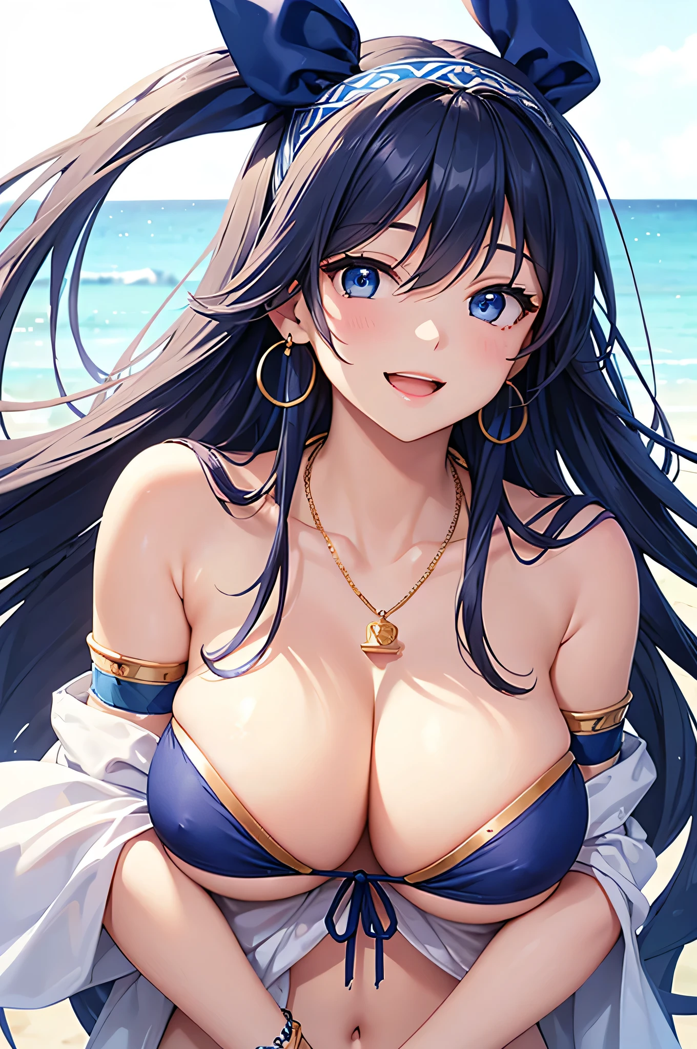 highest quality、Best image quality、masterpiece、beautiful girl、Navy blue long hair、blue eyes、Navy Blue Bikini、Big cleavage、(Big Breasts)、smile、blue necklace、Blue Earrings、background(Beach)、Sexy pose、Please open your mouth wide、White headband、Dynamic Angle、bracelet