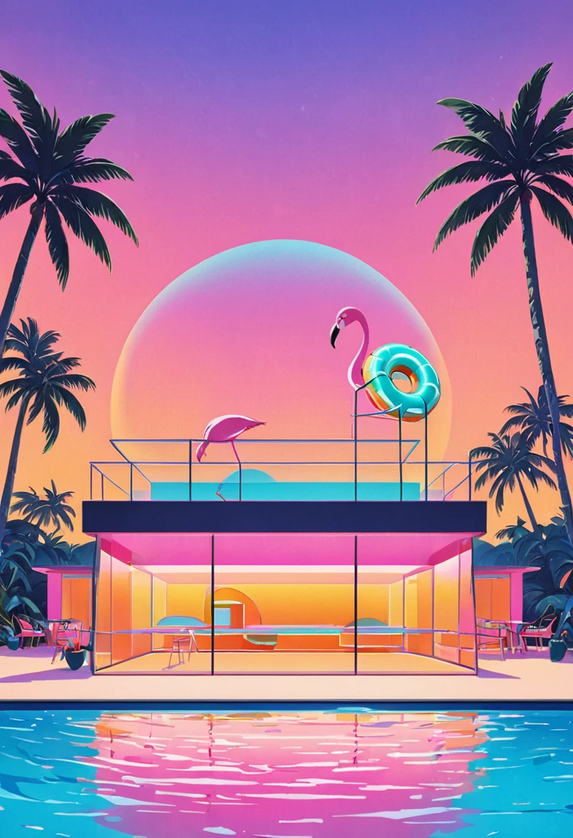 Imagine an artwork steeped in the vaporwave aesthetic of the 80s, deeply influenced by Yoko Honda’s vivid artistic style, but with a minimalist twist. Visualize a retro-futuristic beach and pool scene at sunset, where the sky ignites with intense hues of orange, pink, and red—colors that reflect off the calm waters of the sea and pool, creating a captivating visual effect. Around the pool, neon-lit palm and coconut trees sway gently, enhancing the tropical and otherworldly vibe with sparse but striking placement. Geometric neon lights cast a surreal glow, illuminating the scene with minimal yet effective lighting. The scene includes colorful, nostalgic pool floats in the shapes of iconic 80s items, such as a pink flamingo and a large donut, adding a playful touch to the serene waters. The setting also features a stylish, minimalist beachside bar, visible through expansive glass windows. Inside, the bar showcases pastel-colored walls and floors adorned with luxurious terrazzo and marble textures, achieved using Yoko Honda’s signature textured brushes to create a tactile and visually rich surface. These elements merge retro luxury with vibrant, warm color palettes in a minimalist composition, crafting a scene that is not only timeless but also distinctively reminiscent of the 80s and true to Yoko Honda’s style.