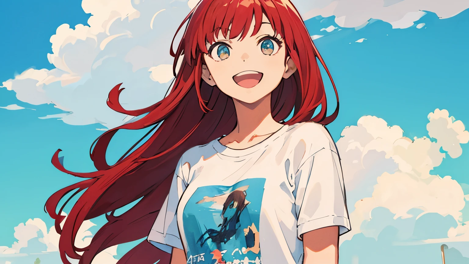 ((best quality)), ((masterpiece)), (detailed), Perfect face,Red hair,Smile,Open your mouth a little,summer,Blue sky,cloud,Standing picture,Short sleeve T-shirt,Upper Body