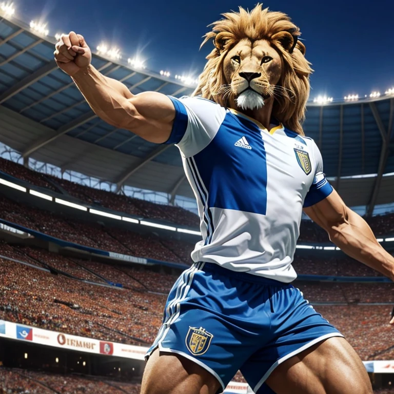 a muscular lion with a white soccer jersey and blue sleeves in a soccer stadium