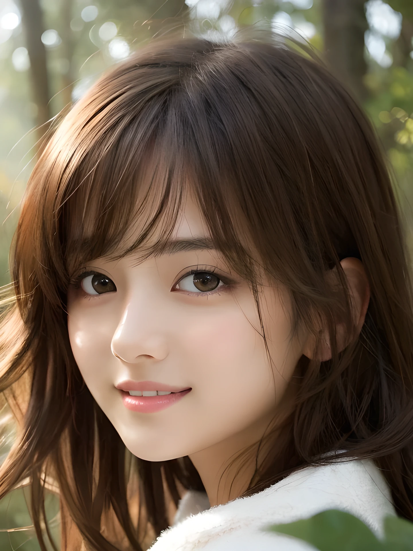 masterpiece, highest quality, High resolution, wallpaper, realistic, (bright lighting:1.4), professional lighting, face light, smooth lighting, japanese girl, close-up of face, cute, happy, smile, shy, Beautiful girl, gravure, sexy, super beautiful, beautiful skin, beautiful and detailed eyes、detailed face、slim、moderately, short hair, brunette colored hair, hair blown by the wind, brown eyes, The morning sunlight shines through the misty forest path.