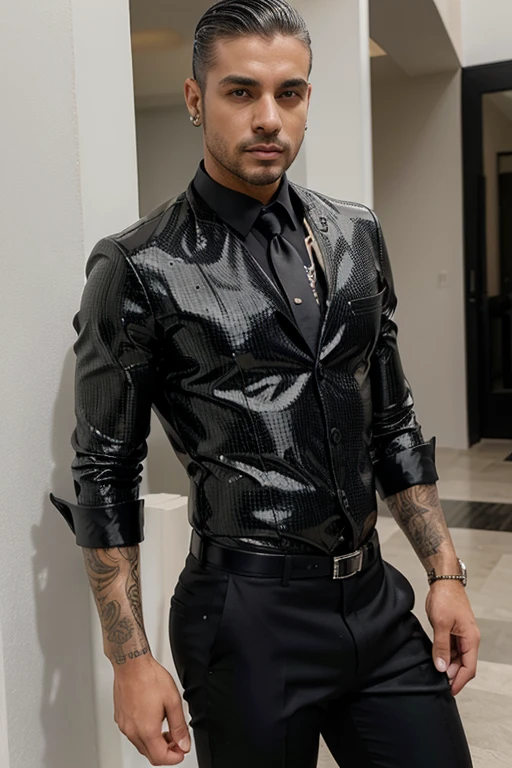 Homen latino bonito glamour moderno moda fashion brilho pedrarias strass atletico roupa preta couro metalico sexy