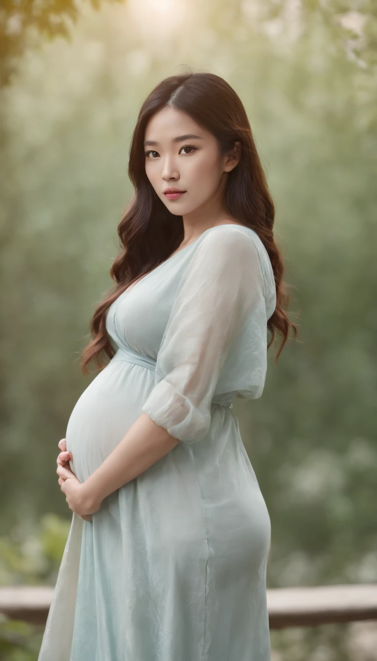 A beautiful woman, Asian, long hair, pregnant, with question mark characters, in clothes, realistic, 8k, super detail.