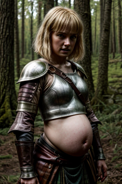 attractive medieval warrior princess, circa 1500s, castle on scotland countryside, short hair, blonde, midriff, pregnant belly, huge hips, biting teeth expression, gloomy forest, night, cinematic