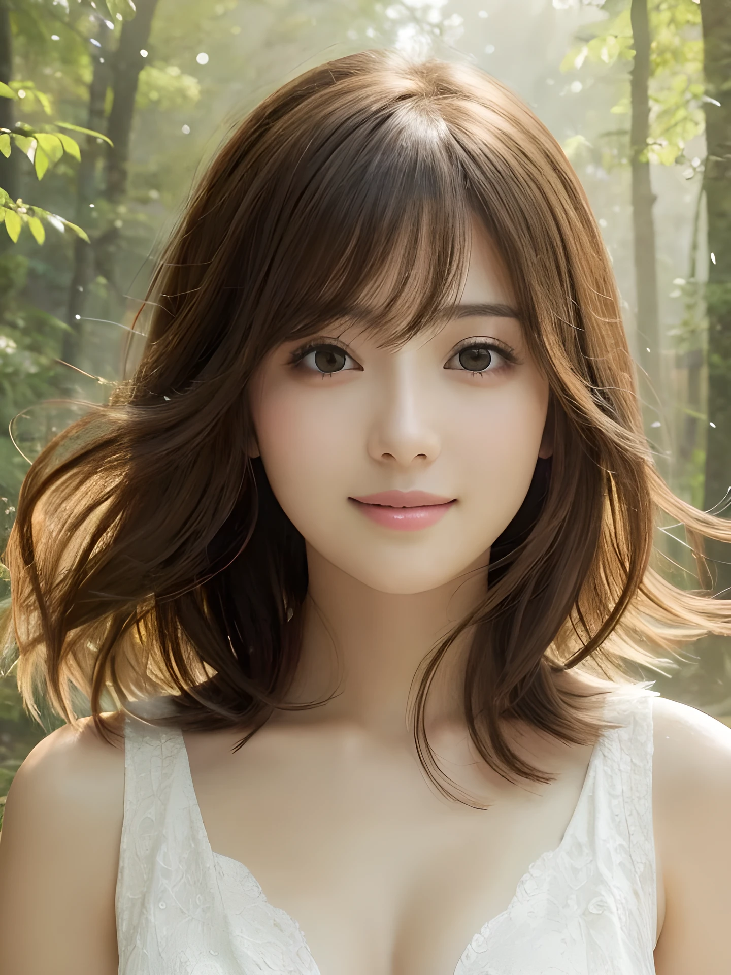 masterpiece, highest quality, High resolution, wallpaper, realistic, (bright lighting:1.4), professional lighting, face light, smooth lighting, japanese girl, close-up of face, cute, happy, smile, shy, Beautiful girl, gravure, sexy, super beautiful, beautiful skin, beautiful and detailed eyes、detailed face、slim、moderately, short hair, brunette colored hair, hair blown by the wind, brown eyes, The morning sunlight shines through the misty forest path.