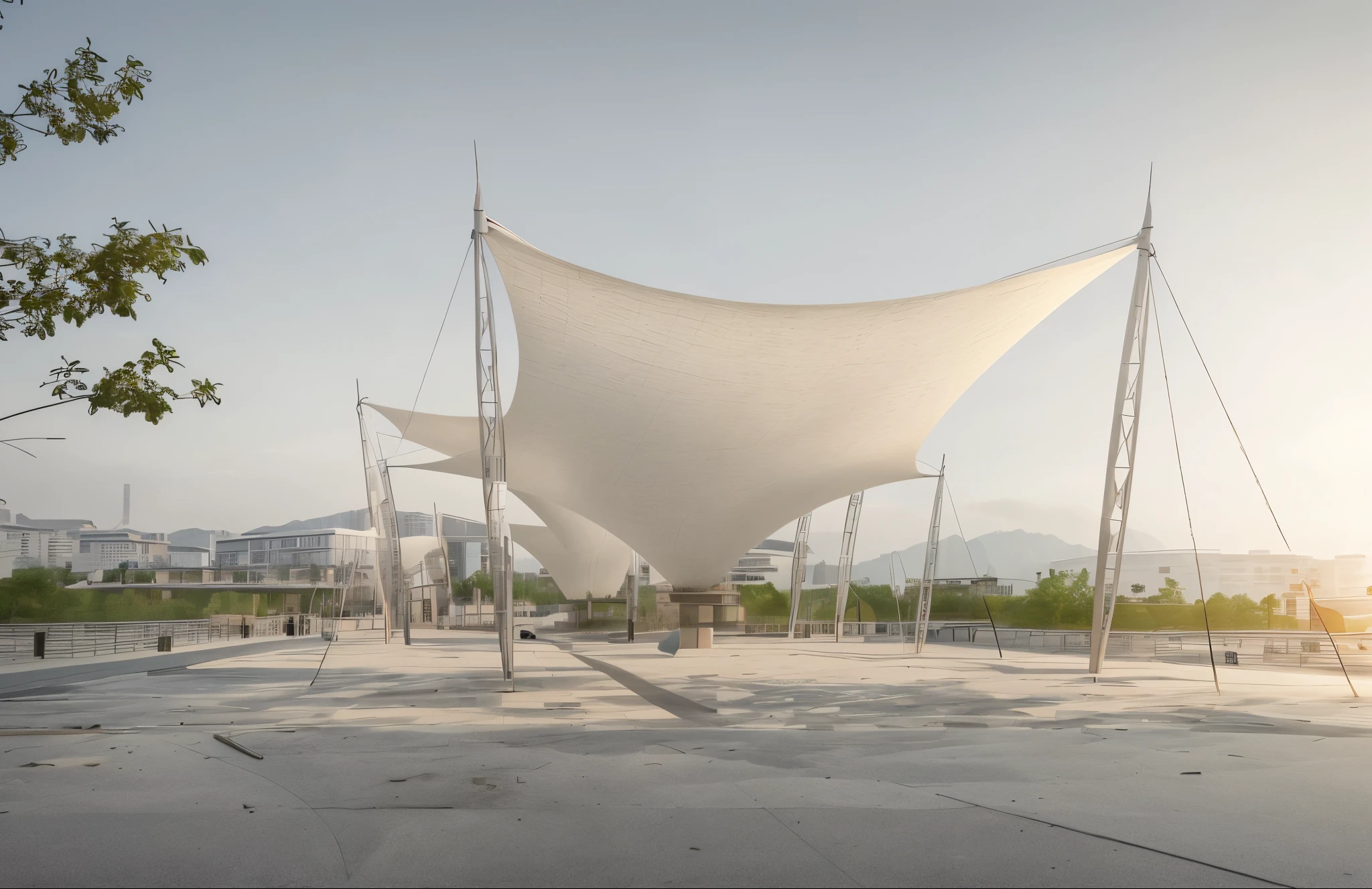 In the city square of Yichang City, the clean ground and a huge beige fabric canopy hanging from two metal poles form an open-air art installation. It symbolises the flow of wind and air in the surrealist style of installation art. In the background are city buildings and the sky, shot from multiple angles in the style of a Sony camera.