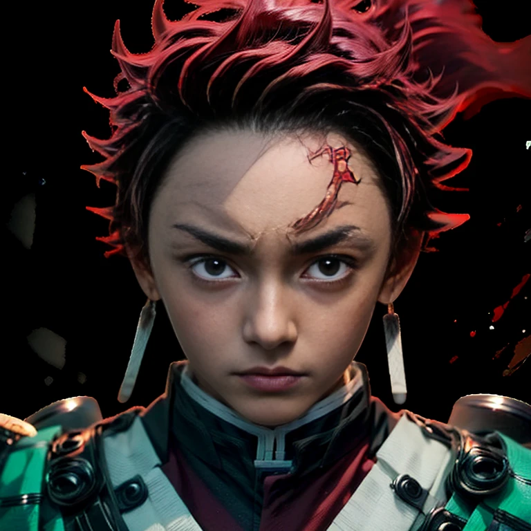 boy, Tanjiro Kamado (( Demon Slayer)), Wearing a Demon Slayer uniform, Red eyes, Mixing Hair Colors,, Pointy Nose , Look straight into the camera, Shinobu Kocho, Realistic, Look straight into the camera, Super Detail, Textured skin, Anatomically correct, masterpiece, Accurate, retina, UHigh resolution, 最high quality, high quality, Awards, Attention to detail, High resolution, High resolution, 1080p,