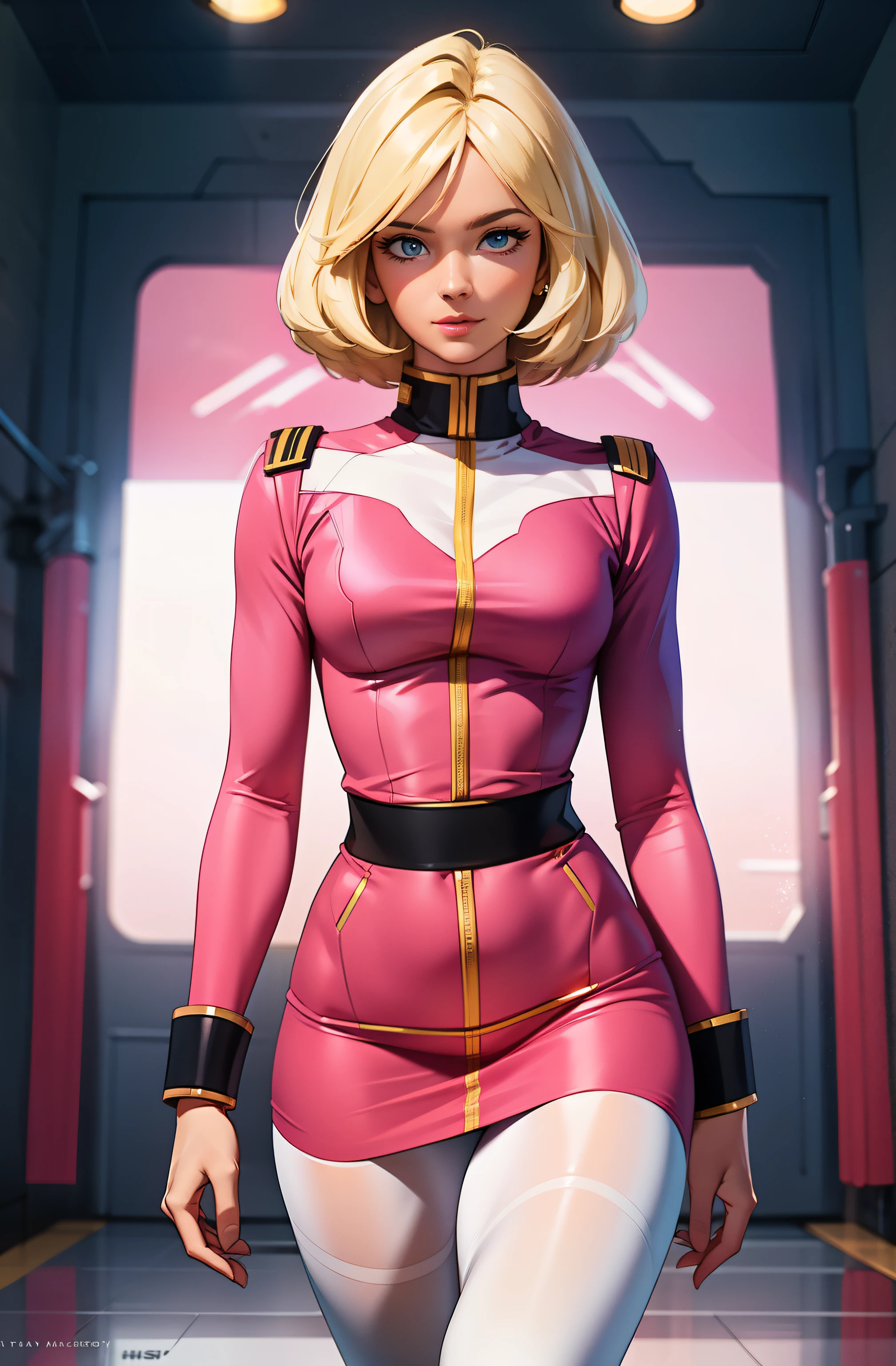 ((masterpiece)), ((cinematic lighting)), realistic photo、Real Images、Top image quality、1girl in, sayla mass, Elegant, masterpiece, Convoluted, slim arms, wide hips, thick thighs, thigh gaps, Best Quality, absurderes, high face detail, Perfect eyes, mature, Cowboy Shot, , Vibrant colors, soft pink uniform, soft pink Skirt, white tights