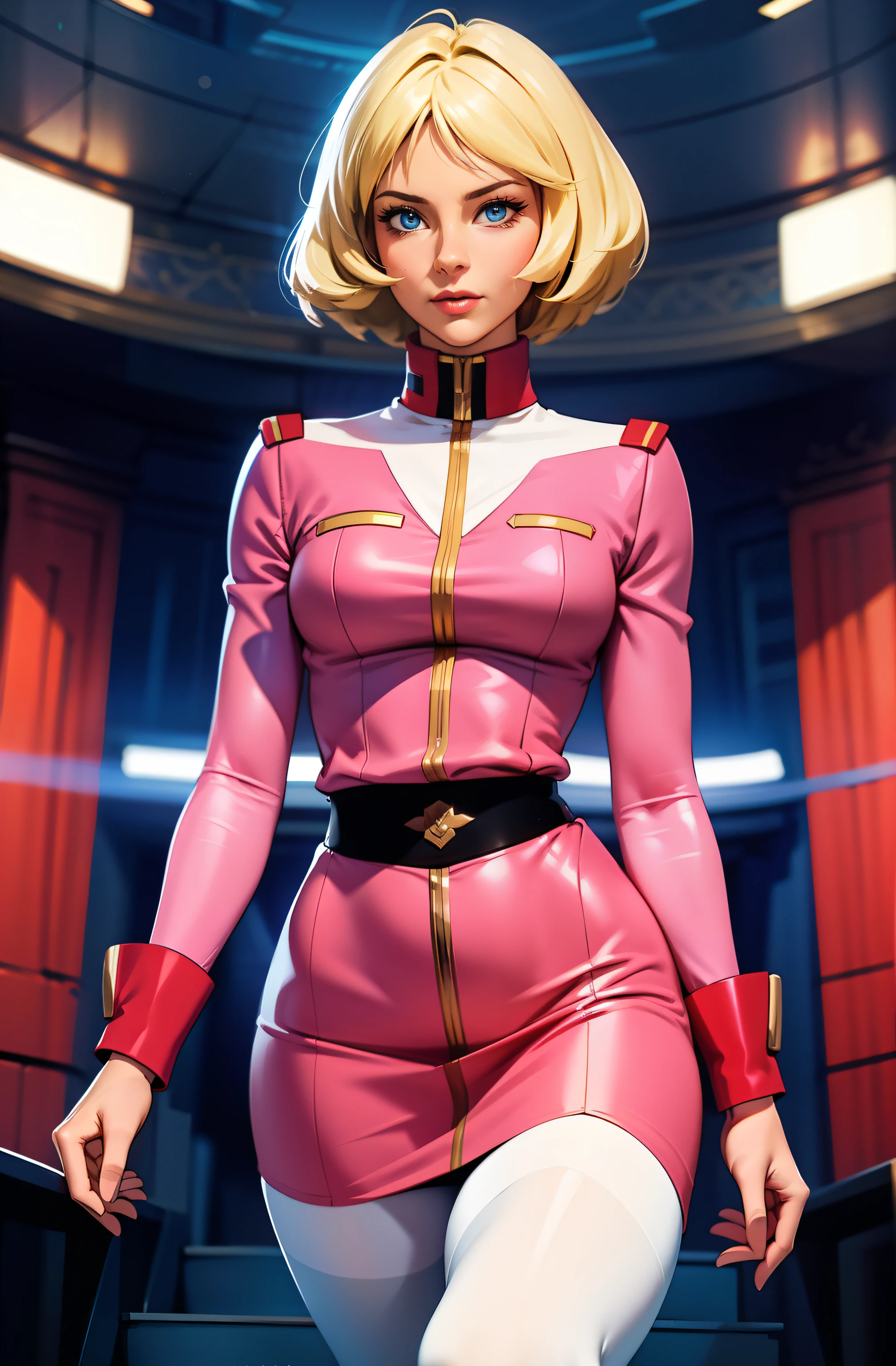 ((masterpiece)), ((cinematic lighting)), realistic photo、Real Images、Top image quality、1girl in, sayla mass, Elegant, masterpiece, Convoluted, slim arms, wide hips, thick thighs, thigh gaps, Best Quality, absurderes, high face detail, Perfect eyes, mature, Cowboy Shot, , Vibrant colors, soft pink uniform, soft pink Skirt, white tights