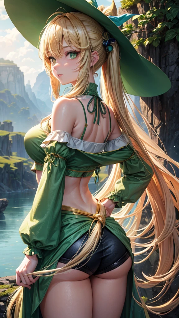 (best quality, highres, ultra-detailed, photorealistic), slender woman with long, flowing blonde hair, vibrant green eyes, and pigtails tied with ribbons. She is wearing a large witch hat atop her head. Her outfit consists of an anime crop top shirt and booty shorts. The background showcases a picturesque landscape with a playful, vibrant color palette. The lighting is soft and warm, casting a gentle glow on the woman's face and highlighting the intricate details of her clothing and accessories. back turned