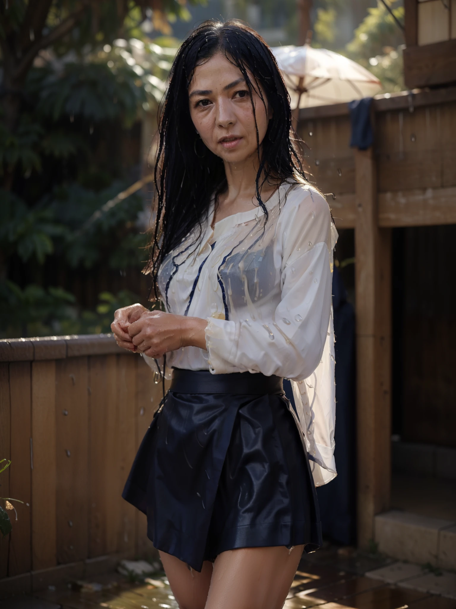 ((highest quality)), ((8K)), ((masterpiece: 1.3)), (Perfect appearance), (Photorealism: 1.6), 
(雨の中を街中を歩く60 years oldのJapanese Mature), BREAK(傘無しで歩くJapanese Mature: 1.4), BREAK (A busy sidewalk in an office district: 1.2), (Detailed background), (Soaking wet), (Full body portrait: 1.4), 
(60 years old, Japanese Mature), ((Realistic skin texture)), (Fine lines all over the skin), (Dull skin), (Facial wrinkles), (Wrinkles around the eyes), double eyelid, Tear bags under the eyelids, 
Melancholic expression, Raindrops running down my face, 
Short bangs, Straight long hair, Rain-soaked hair, (Raindrops dripping down my hair: 1.4), 
BREAK(A thin, fitted white blouse: 1.4),BREAK BREAK(Navy Blue Nobunaga Tight Skirt: 1.4), BREAK (Blouses that get wet and adhere to the skin),  (The wet blouse is visible: 1.6), (The wet flared skirt is transparent), High heels,