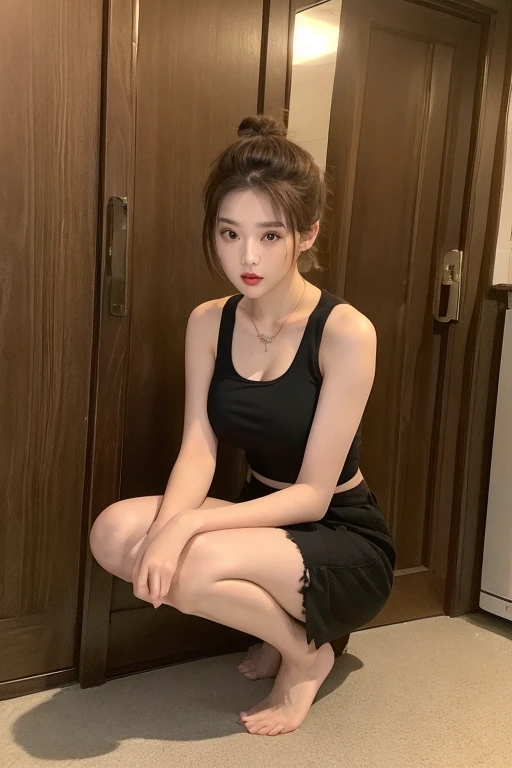 ((Best quality, 8k, Masterpiece :1.3)), ((full body))Sharp focus :1.2, Korean aunt 15 years old ((Messy Bun
brown hair)) .face with make-up. red lipstick. necklace. (Big breast:1.3). (Full body)
((Tank top black. Short Torn torn)) wide. Do not be shy. Do not hesitate. ((Show me your pussy)). In front of the camera. Closer. More clearly. in the beach_mix4, 20d, solo, photo-realistic:1.37