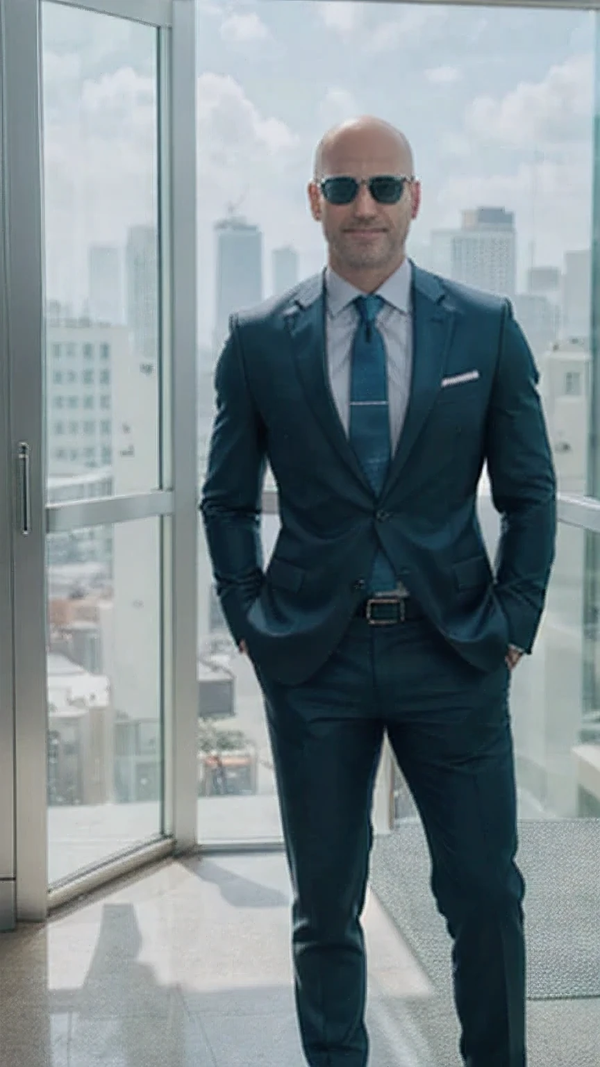 (best quality,8k,high-res,detailed:1.2),masculine businessman,handsome 40-year-old man,bald,blonde with a perfect smile,green eyes,staring at the camera,detailed,summer clothing,city background,modern office,confident posture,holding a briefcase,stylish sunglasses,golden watch,shiny leather shoes,standing in front of a glass window,blue skies reflecting on the window,sharp suit with a tie,well-groomed appearance,impressive physique,immaculate haircut,well-defined facial features,vibrant colors,professional lighting,crisp and clear image,refined aesthetics,subtle shadows,bright and airy atmosphere,impressive attention to detail,photorealistic portrait,immersive experience