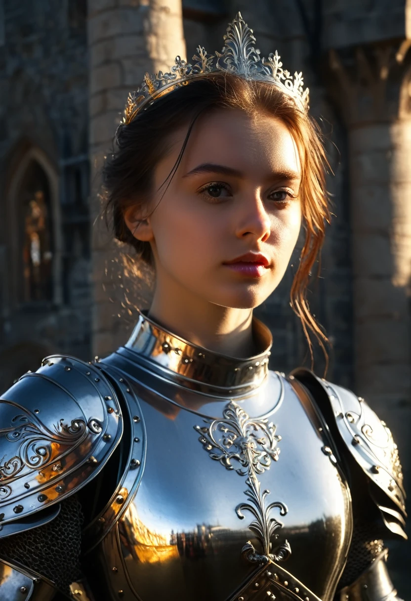 (masterpiece), (extremely intricate:1.3), (realistic), portrait of a girl, the most beautiful in the world, (medieval armor), metal reflections, upper body, outdoors, intense sunlight, far away castle, professional photograph of a stunning woman detailed, sharp focus, dramatic, award winning, cinematic lighting, octane render unreal engine, volumetrics dtx, (film grain, blurry background, blurry foreground, bokeh, depth of field, sunset, motion blur:1.3), chainmail